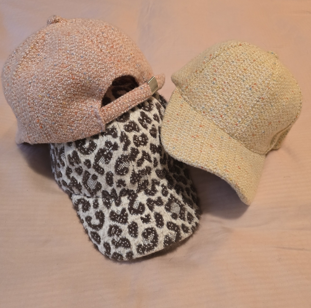 (3) Chic Tweed Winter Baseball Caps Yellow, Pink & Leopard by Lulla Collection - Picture 5 of 15